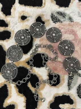 Chico’s Silver Tone Medallion Chain Belt Rhinestone Boho Western Statement